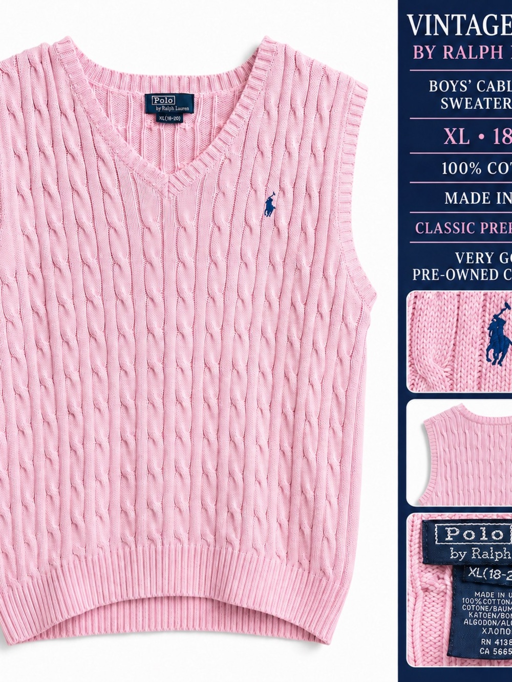 Polo by Ralph Lauren Pink Cable Knit V-Neck Sweater Vest Boys 18/20